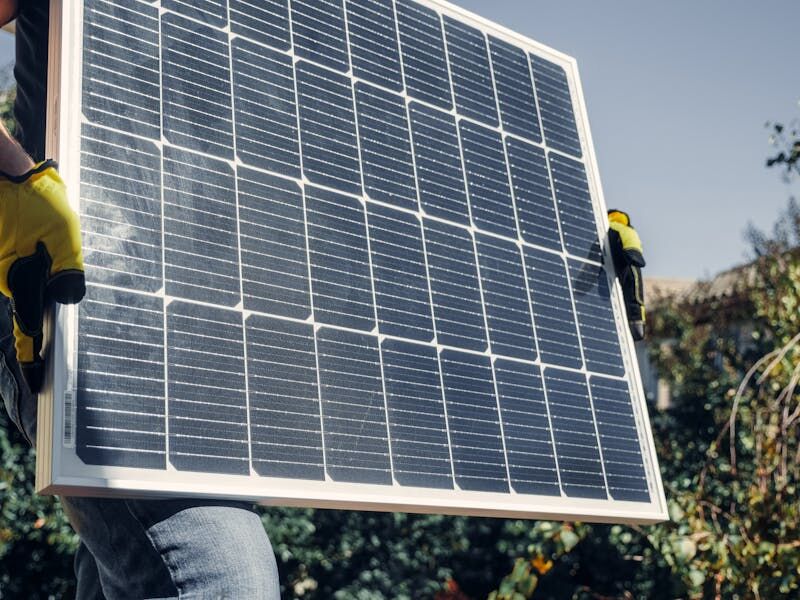 Technician holding a solar panel ready for installation